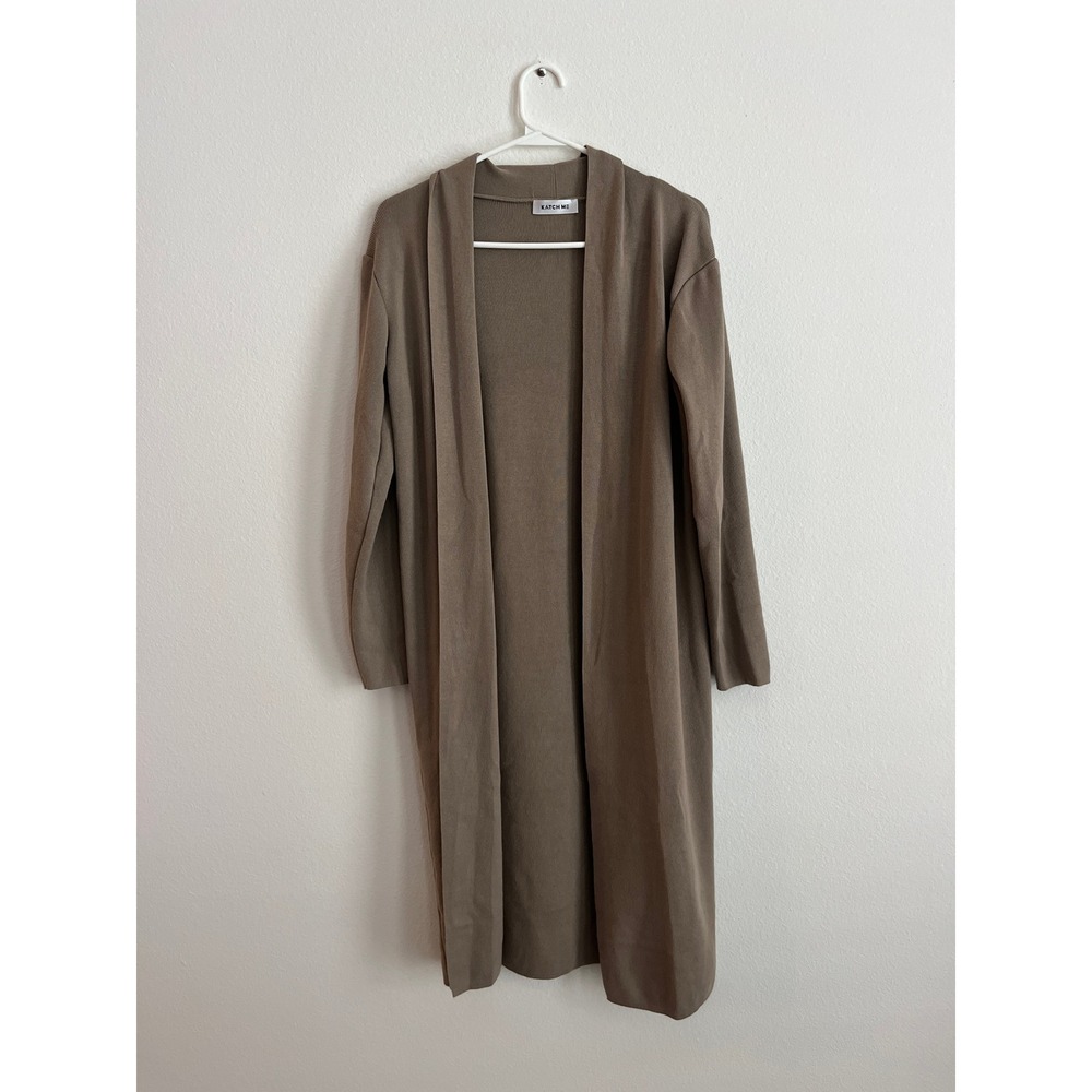 Katch Me‎ Womens Longline Open Front Cardigan Duster Sweater Taupe Brown Ribbed